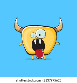 Vector cartoon funny orange monster with horn isolated on blue background. Smiling silly yellow monster print sticker design template. Ghost, troll, gremlin, goblin, devil and monster