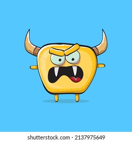Vector cartoon funny orange monster with horn isolated on blue background. Smiling silly yellow monster print sticker design template. Ghost, troll, gremlin, goblin, devil and monster
