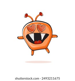 Vector cartoon funny orange monster isolated on transparent background. Smiling silly orange kawaii character print sticker design template. Cute Ghost, troll, gremlin, goblin, devil