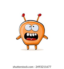 Vector cartoon funny orange monster isolated on transparent background. Smiling silly orange kawaii character print sticker design template. Cute Ghost, troll, gremlin, goblin, devil