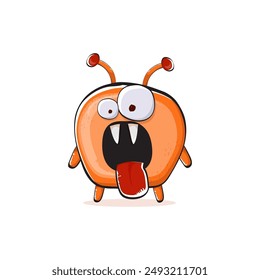 Vector cartoon funny orange monster isolated on transparent background. Smiling silly orange kawaii character print sticker design template. Cute Ghost, troll, gremlin, goblin, devil