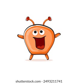 Vector cartoon funny orange monster isolated on transparent background. Smiling silly orange kawaii character print sticker design template. Cute Ghost, troll, gremlin, goblin, devil