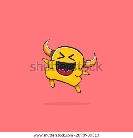 Vector cartoon funny orange monster with horn isolated on pink background. Smiling silly pink monster print sticker design template. Ghost, troll, gremlin, goblin, devil and monster