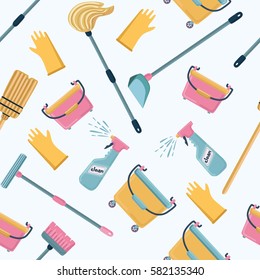 Vector cartoon funny pattern of cleaning tools. Cleaning service color illustrations