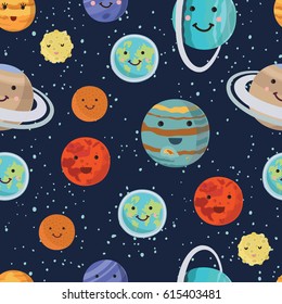 Vector cartoon funny pattern of the planets with smiling faces of the solar system.