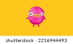 Vector cartoon funny pink alien monster isolated on orange background. Smiling silly pink monster print sticker design template. Cute Ghost, troll, gremlin, goblin, devil and halloween monster
