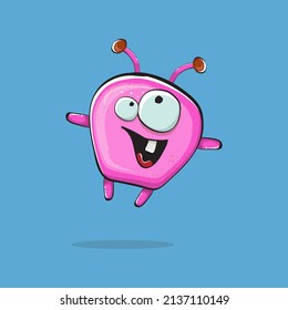 Vector cartoon funny pink alien monster isolated on blue background. Smiling silly pink monster print sticker design template. Cute pink Ghost, troll, gremlin, goblin, devil and monster