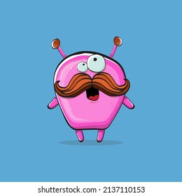 Vector cartoon funny pink alien monster isolated on blue background. Smiling silly pink monster print sticker design template. Cute pink Ghost, troll, gremlin, goblin, devil and monster