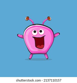 Vector cartoon funny pink alien monster isolated on blue background. Smiling silly pink monster print sticker design template. Cute pink Ghost, troll, gremlin, goblin, devil and monster