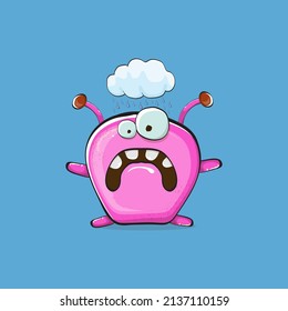 Vector cartoon funny pink alien monster isolated on blue background. Smiling silly pink monster print sticker design template. Cute pink Ghost, troll, gremlin, goblin, devil and monster