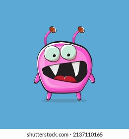 Vector cartoon funny pink alien monster isolated on blue background. Smiling silly pink monster print sticker design template. Cute pink Ghost, troll, gremlin, goblin, devil and monster