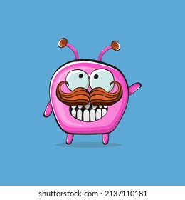 Vector cartoon funny pink alien monster isolated on blue background. Smiling silly pink monster print sticker design template. Cute pink Ghost, troll, gremlin, goblin, devil and monster