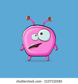 Vector cartoon funny pink alien monster isolated on blue background. Smiling silly pink monster print sticker design template. Cute pink Ghost, troll, gremlin, goblin, devil and monster