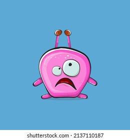 Vector cartoon funny pink alien monster isolated on blue background. Smiling silly pink monster print sticker design template. Cute pink Ghost, troll, gremlin, goblin, devil and monster