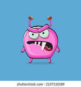 Vector cartoon funny pink alien monster isolated on blue background. Smiling silly pink monster print sticker design template. Cute pink Ghost, troll, gremlin, goblin, devil and monster