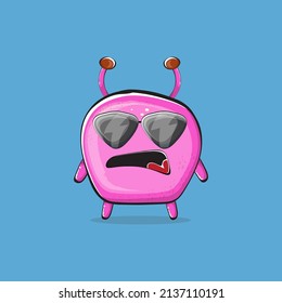 Vector cartoon funny pink alien monster isolated on blue background. Smiling silly pink monster print sticker design template. Cute pink Ghost, troll, gremlin, goblin, devil and monster