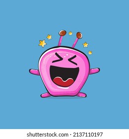 Vector cartoon funny pink alien monster isolated on blue background. Smiling silly pink monster print sticker design template. Cute pink Ghost, troll, gremlin, goblin, devil and monster