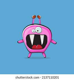 Vector cartoon funny pink alien monster isolated on blue background. Smiling silly pink monster print sticker design template. Cute pink Ghost, troll, gremlin, goblin, devil and monster