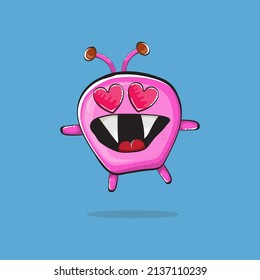 Vektorgrafik lustiges rosa außerirdisches Monster einzeln auf blauem Hintergrund. Lächelnde dumm rosa Monster Druckaufkleber Design-Vorlage. Rosa Gespenst, Troll, Goblin, Goblin, Teufel, Monster