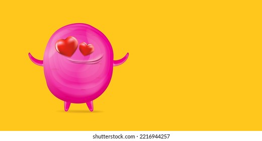 Vector cartoon funny pink alien monster with heart eyes isolated on orange background. Silly monster print sticker design template. Cute Ghost, troll, gremlin, goblin, devil and halloween monster