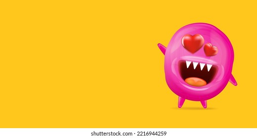 Vector cartoon funny pink alien monster with heart eyes isolated on orange background. Silly monster print sticker design template. Cute Ghost, troll, gremlin, goblin, devil and halloween monster