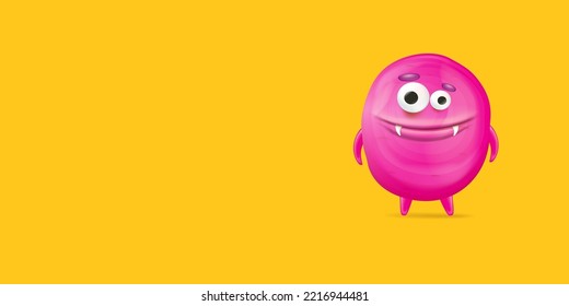 Vector cartoon funny pink alien monster isolated on orange background. Smiling silly pink monster print sticker design template. Cute Ghost, troll, gremlin, goblin, devil and halloween monster