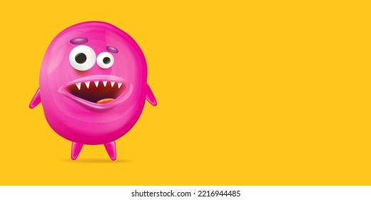 Vector cartoon funny pink alien monster isolated on orange background. Smiling silly pink monster print sticker design template. Cute Ghost, troll, gremlin, goblin, devil and halloween monster