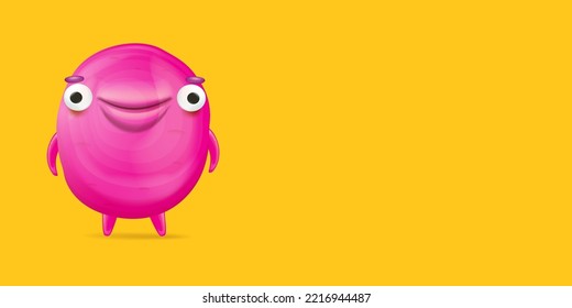 Vector cartoon funny pink alien monster isolated on orange background. Smiling silly pink monster print sticker design template. Cute Ghost, troll, gremlin, goblin, devil and halloween monster