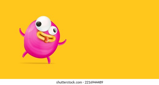 Vector cartoon funny pink alien monster isolated on orange background. Smiling silly pink monster print sticker design template. Cute Ghost, troll, gremlin, goblin, devil and halloween monster