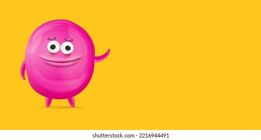 Vector cartoon funny pink alien monster isolated on orange background. Smiling silly pink monster print sticker design template. Cute Ghost, troll, gremlin, goblin, devil and halloween monster