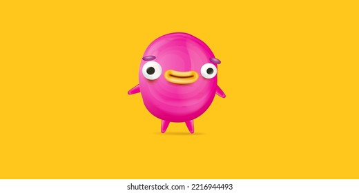 Vector cartoon funny pink alien monster isolated on orange background. Smiling silly pink monster print sticker design template. Cute Ghost, troll, gremlin, goblin, devil and halloween monster