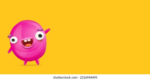 Vector cartoon funny pink alien monster isolated on orange background. Smiling silly pink monster print sticker design template. Cute Ghost, troll, gremlin, goblin, devil and halloween monster