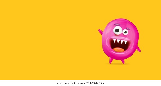 Vector cartoon funny pink alien monster isolated on orange background. Smiling silly pink monster print sticker design template. Cute Ghost, troll, gremlin, goblin, devil and halloween monster