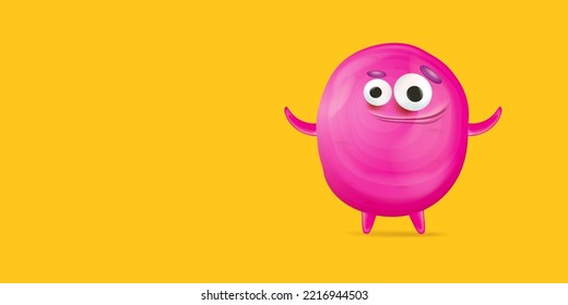 Vector cartoon funny pink alien monster isolated on orange background. Smiling silly pink monster print sticker design template. Cute Ghost, troll, gremlin, goblin, devil and halloween monster