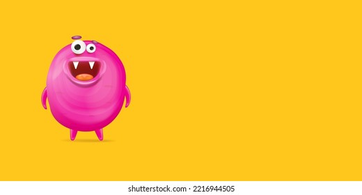 Vector cartoon funny pink alien monster isolated on orange background. Smiling silly pink monster print sticker design template. Cute Ghost, troll, gremlin, goblin, devil and halloween monster