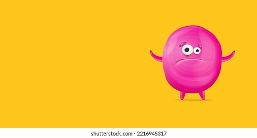 Vector cartoon funny pink alien monster isolated on orange background. Sad silly pink monster print sticker design template. Cute sad Ghost, troll, gremlin, goblin, devil and halloween monster