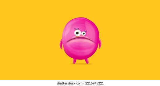 Vector cartoon funny pink alien monster isolated on orange background. Sad silly pink monster print sticker design template. Cute sad Ghost, troll, gremlin, goblin, devil and halloween monster