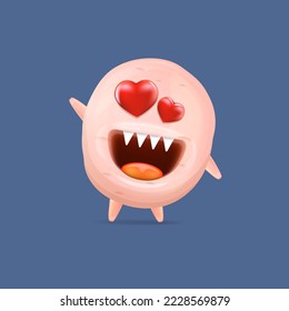 Vector cartoon funny pink alien monster with heart eyes isolated on blue background. Silly monster print sticker design template. Cute Ghost, troll, gremlin, goblin, devil and halloween monster