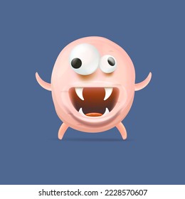 Vector cartoon funny pink alien monster isolated on blue background. Smiling silly pink monster print sticker design template. Cute Ghost, troll, gremlin, goblin, devil and halloween monster