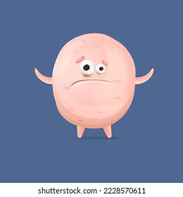 Vector cartoon funny pink alien monster isolated on blue background. Smiling silly pink monster print sticker design template. Cute Ghost, troll, gremlin, goblin, devil and halloween monster