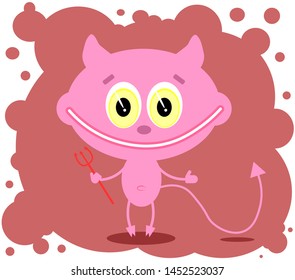 Vector  cartoon funny pink devils with horns and tails on a red background. Vector cartoon illustration of devil.