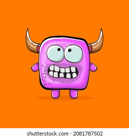 Vector cartoon funny pink monster with horn isolated on orange background. Smiling silly pink monster print sticker design template. Ghost, troll, gremlin, goblin, devil and monster