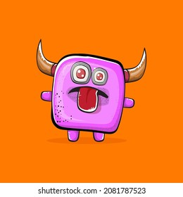 Vector cartoon funny pink monster with horn isolated on orange background. Smiling silly pink monster print sticker design template. Ghost, troll, gremlin, goblin, devil and monster