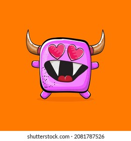 Vector cartoon funny pink monster with horn isolated on orange background. Smiling silly pink monster print sticker design template. Ghost, troll, gremlin, goblin, devil and monster