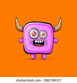 Vector cartoon funny pink monster with horn isolated on orange background. Smiling silly pink monster print sticker design template. Ghost, troll, gremlin, goblin, devil and monster