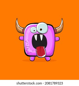 Vector cartoon funny pink monster with horn isolated on orange background. Smiling silly pink monster print sticker design template. Ghost, troll, gremlin, goblin, devil and monster