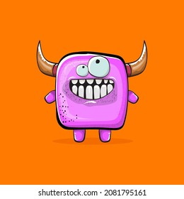 Vector cartoon funny pink monster with horn isolated on orange background. Smiling silly pink monster print sticker design template. Ghost, troll, gremlin, goblin, devil and monster
