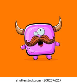 Vector cartoon funny pink monster with horn isolated on orange background. Smiling silly pink monster print sticker design template. Ghost, troll, gremlin, goblin, devil and monster