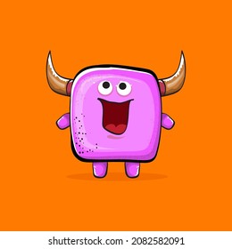 Caricatura vectorial monstruo rosa gracioso con cuerno aislado en el fondo naranja. Plantilla de diseño de pegatinas con huellas de monstruo rosadas y sonrientes. Fantasma, troll, gavilina, goblin, diablo y monstruo