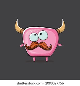 Vector cartoon funny pink monster with horn isolated on grey background. Smiling silly pink monster print sticker design template. Ghost, troll, gremlin, goblin, devil and monster